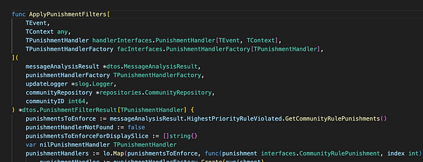 The image displays a code snippet written in Go, focusing on a function for applying punishment filters.