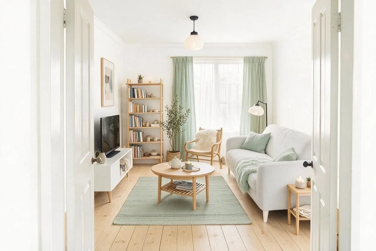 The same Scandinavian living room in the Pale Birch palette: white, light gray, birch, muted sage, and charcoal
