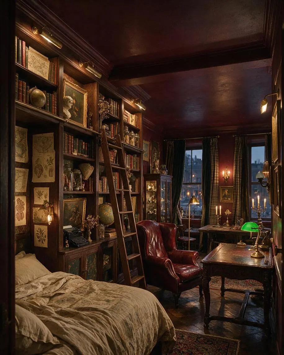 A compact studio apartment styled like a vintage scholar’s retreat, with floor-to-ceiling dark wood bookshelves, a wooden ladder, a leather wingback chair, and a small bed tucked along the left wall. Brass lamps, framed art, globes, candles, and deep green curtains frame tall windows, creating a warm, moody atmosphere.