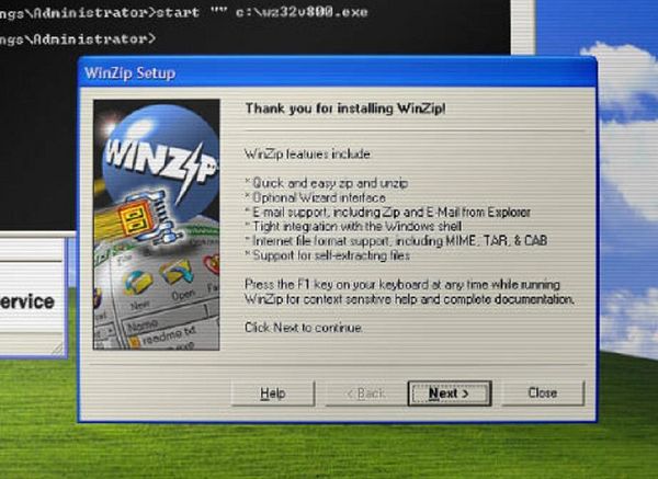 Screenshot of a web page showing a WinZip trial download option with page navigation and advertisements.