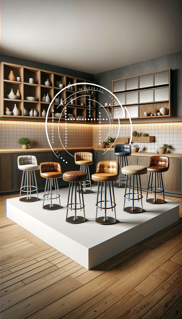 A variety of bar stools placed around a high countertop in a modern kitchen setting, showcasing different materials and styles.