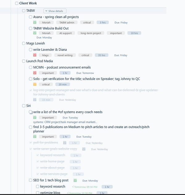 A detailed task list for freelance work organized in a project management tool.
