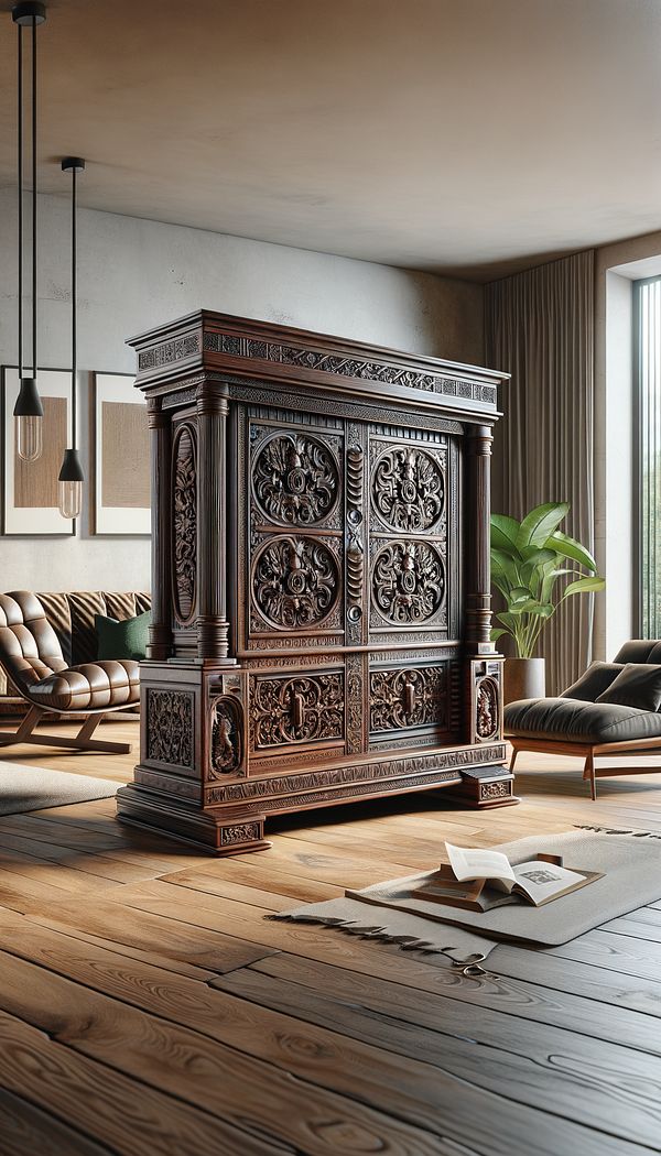 An intricately carved antique linen-press made of rich, dark wood, sitting in a well-lit room surrounded by contemporary furnishings for a blend of old and new interior design styles.