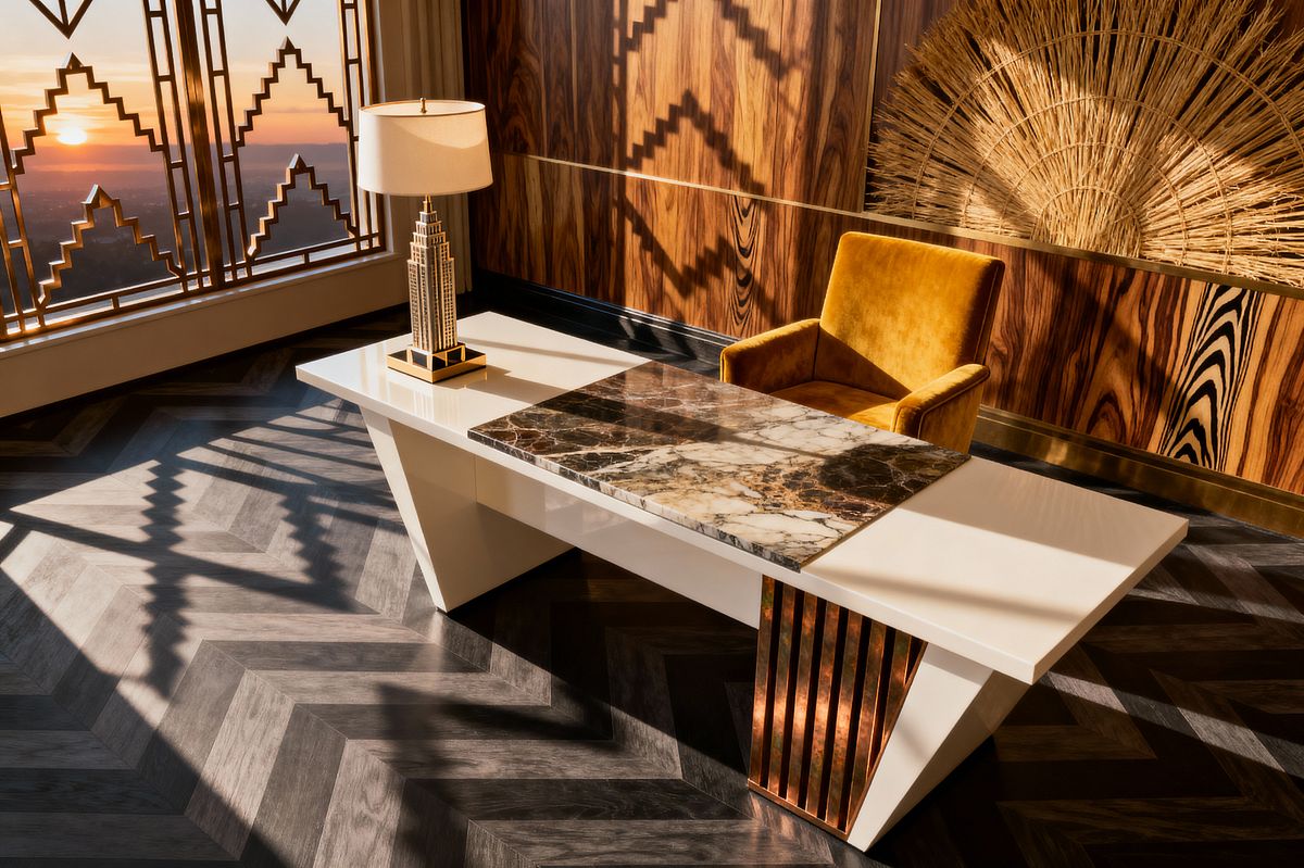 Room AI – Sunburst Art Deco Office with Marble Inlay - Interior Design