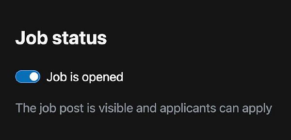 The image displays a toggle switch for job status settings in a user interface.