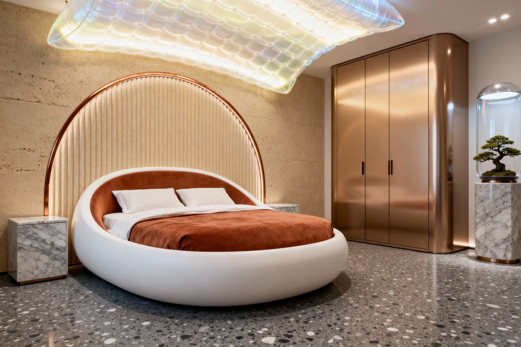 A futuristic bedroom features a white pod-shaped bed with rust velvet bedding before a ribbed beige semicircular headboard framed by a rose-gold LED arch. Marble cube nightstands sit on each side; a brushed bronze wardrobe occupies the right wall, an iridescent translucent ceiling fixture glows overhead, gray terrazzo covers the floor, and a bonsai under a glass cloche stands on a marble pedestal.