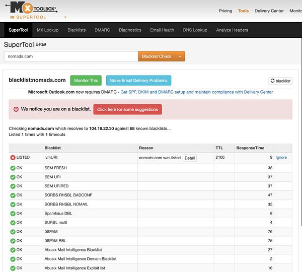Screenshot of Fastmail email settings showing a blocked sender with details of the blacklisted email address nomads@ivmuri.com.