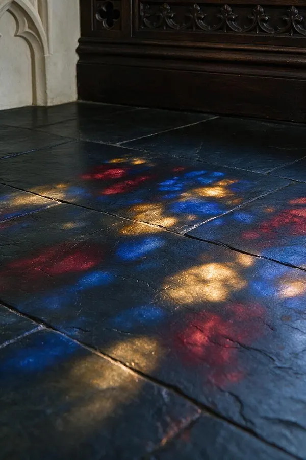 A dark stone floor in a Gothic interior is illuminated by vivid reflections of red, blue, and gold stained glass. Above the floor, carved dark wood and a pale stone wall reinforce the moody cathedral-like atmosphere.