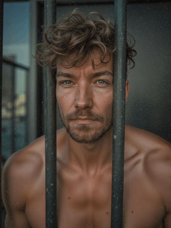 A close-up portrait of a man with curly hair, looking through metal bars.