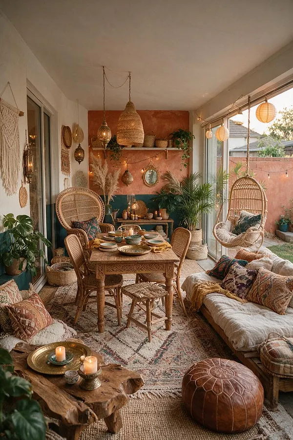 A cozy bohemian-style backyard lounge with wicker and rattan chairs, a carved wooden dining table, layered rugs, floor cushions, hanging lanterns, and abundant plants. Warm terracotta walls, soft candlelight, and string lights create an inviting indoor-outdoor seating area with natural textures throughout.