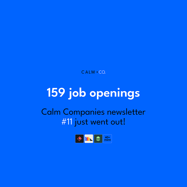 A newsletter email preview titled Calm Companies Weekly with sections including articles, job listings, and advertisements.