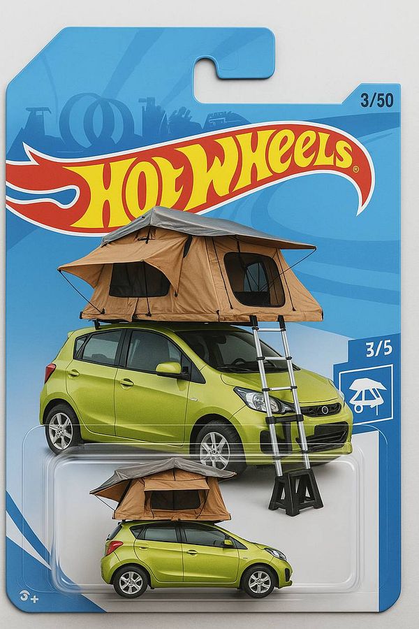 A Hot Wheels toy packaging featuring a green car with a rooftop tent.