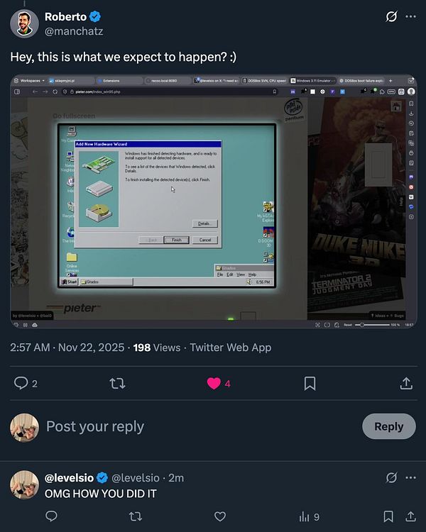 A screenshot of a Windows 95 interface displaying the 'Add New Hardware Wizard' alongside a Twitter post discussing the experience.