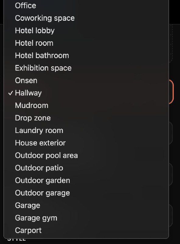 A dropdown menu displaying various interior space options with 'Hallway' selected.