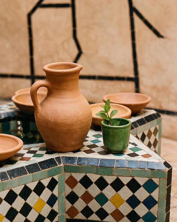 A Moroccan-style decorative corner featuring a terracotta jug, shallow clay bowls, and a small green cup with mint on a colorful mosaic-tiled surface. The backdrop shows a warm plaster wall with bold black linework, creating a handcrafted, earthy atmosphere.