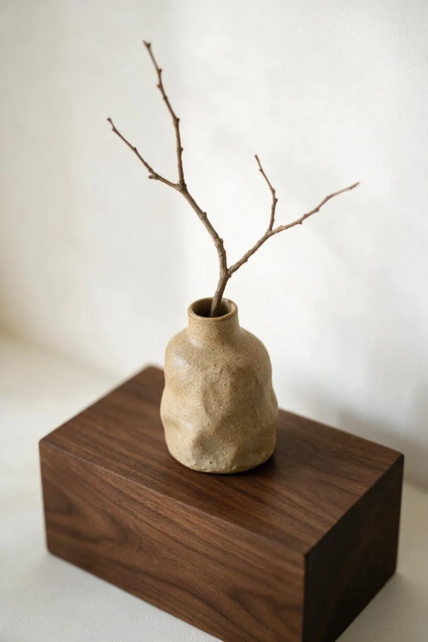 A small textured beige ceramic vase holding a bare branch sits on a dark walnut rectangular block against a soft white background. The composition is minimal and earthy, with natural materials and understated Japandi styling.