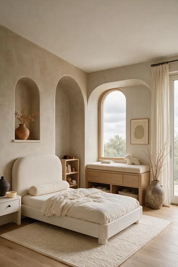 A serene kids' room with a cream upholstered bed, built-in arched wall niches, and a light wood storage bench beneath a tall arched window. Neutral textiles, a plush rug, curved furniture, and simple decor in pottery and dried branches create a calm organic modern feel.
