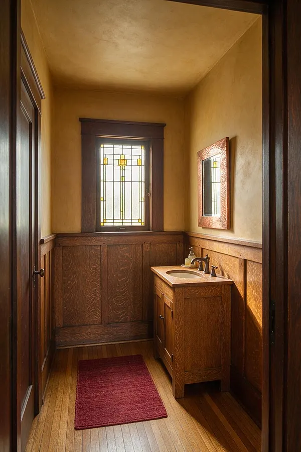 A narrow Craftsman-style bathroom with rich dark wood trim, wainscoting, and a small wood vanity topped with a light stone sink. A stained glass window adds decorative detail above the paneled wall, while a textured copper-toned mirror and deep red rug bring warmth to the space.