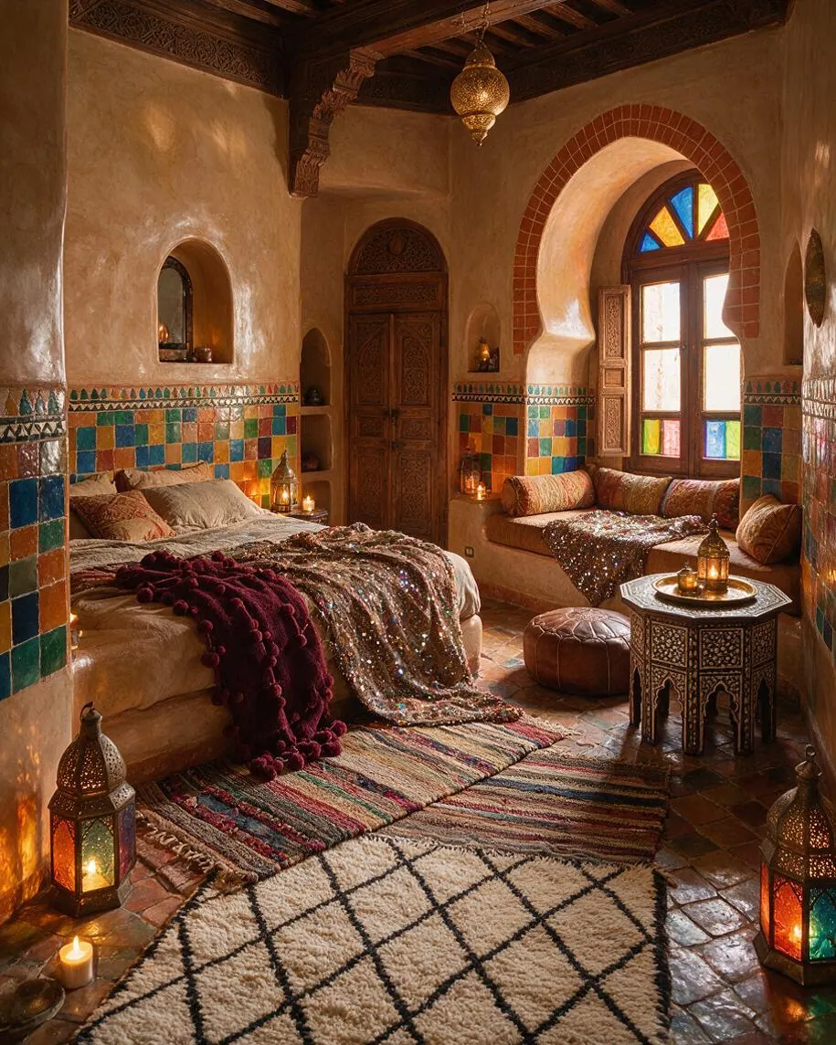 A Moroccan-style master bedroom with plaster walls, colorful tiled wainscoting, carved wood details, and arched niches. The room includes a low bed with textured blankets, a cushioned window seat, lanterns, patterned rugs, and warm ambient light from a stained-glass window and candles.