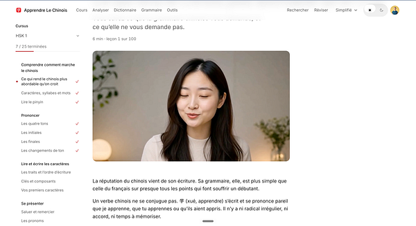 Screenshot of a webpage showing a video lesson interface titled 'Approche méthodique et progressée du chinois mandarin: CE QUI REND LE CHINOIS ABORDABLE.'