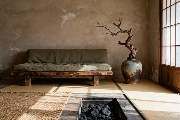Sunlit wabi-sabi living room featuring a low reclaimed-wood sofa with an olive linen cushion against a mottled plaster wall. Tatami mats share the floor with a coarse jute rug, and a rectangular sunken hearth filled with dark lava stones anchors the space. At right, a large weathered ceramic vase holds a gnarled dried branch near a shoji screen door, which diffuses warm light across the room’s natural textures and patina.