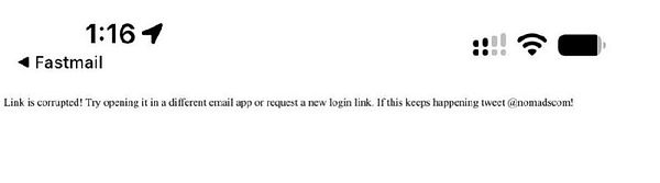 Email notification displaying an error message about a corrupted login link in the Fastmail app on an iPhone.