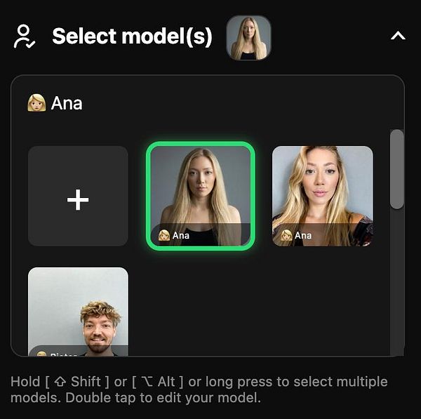User interface of a photo AI application showing the 'get-models' endpoint implementation with dynamic model filter and selector populated from the server.