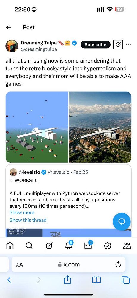 The image features a social media post discussing AI rendering for game development, accompanied by a visual of blocky 3D models and a realistic landscape.