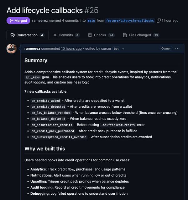 Screenshot of a code editor showing a portion of a JavaScript file with lifecycle callback functions and comments about usage credit events.