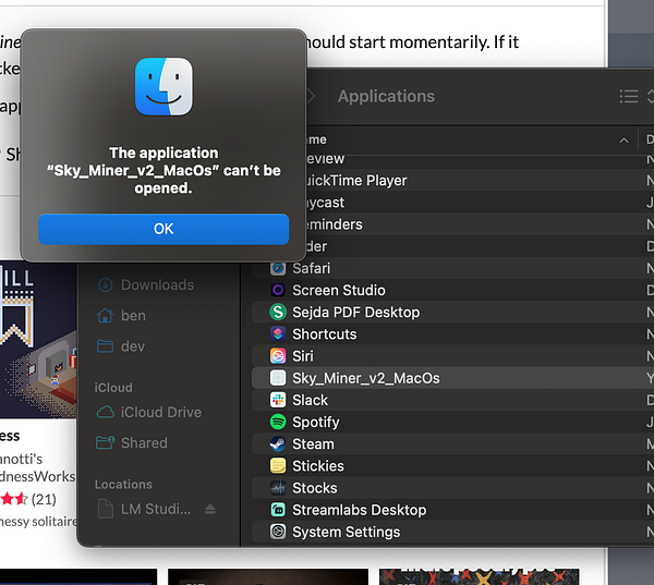 A macOS error message indicates that the application 'Sky_Miner_v2_MacOs' cannot be opened.