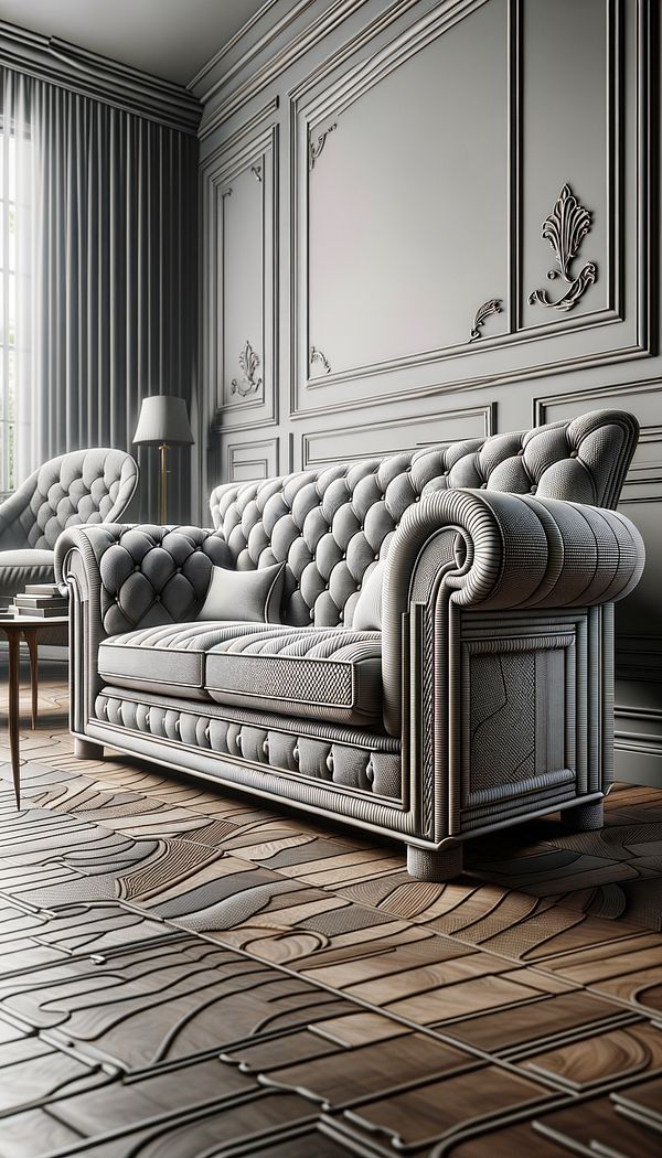 A luxurious, custom-fit sofa with tailored upholstery in an elegant living room setting, showcasing sharp lines, precisely aligned patterns, and a sophisticated, neatly tufted back.