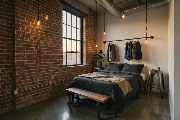 A studio apartment bedroom with exposed red brick walls, a large black-framed industrial window, and hanging exposed Edison bulbs. The bed is dressed in dark bedding with a neutral throw, flanked by metal side tables, while a wooden bench sits at the foot of the bed and clothing hangs on a wall-mounted black rod.