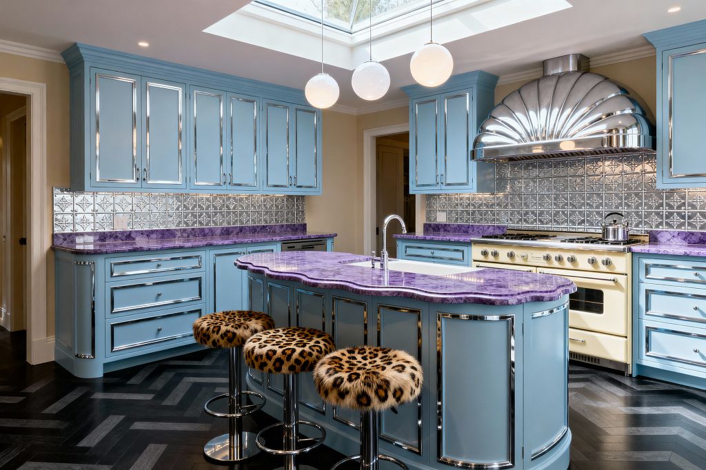 A vintage-glam kitchen features powder-blue cabinets with chrome trim and amethyst-toned stone counters surrounding a curvy island with an inset sink. A scalloped chrome range hood crowns a cream retro range, set against an embossed silver tin backsplash. Three globe pendants hang beneath a skylight, illuminating leopard-print stools and a dark herringbone wood floor.