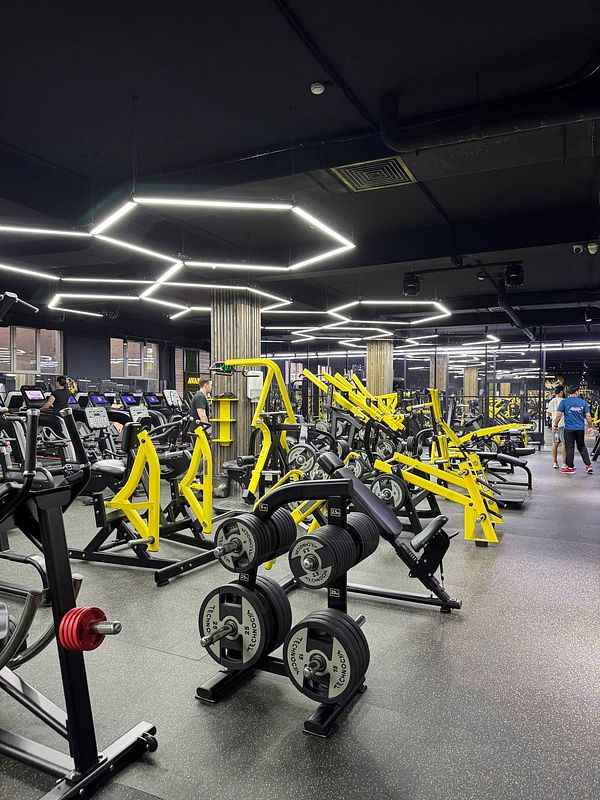 A modern gym interior featuring various weightlifting equipment and a sleek design.