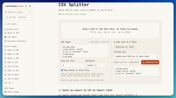 A web-based CSV Splitter tool interface that allows uploading CSV/TSV/TXT files, setting rows per file and delimiter, and downloading split CSV parts with headers.