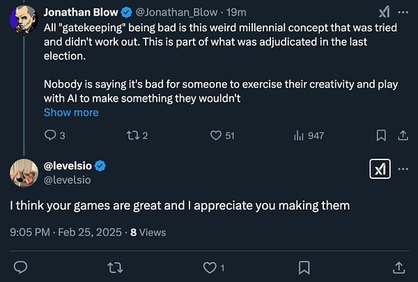 A Twitter conversation discussing creativity and game development.