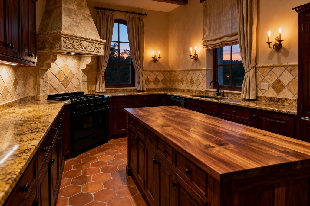A traditional kitchen with terra-cotta hex tile flooring, dark wood cabinetry, and a central island topped with a solid butcher-block surface. Tumbled travertine in a diamond pattern forms the backsplash and an ornate stone range hood, golden granite wraps the perimeter counters, arched windows with linen curtains frame a sunset view, candle-style bronze sconces glow warmly, and a matte black range and faucet anchor the space.