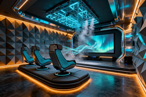 A futuristic media room with three black recliner-style chairs featuring cyan hex-mesh inserts, mounted on a raised platform with amber LED underglow. Walls are clad in gray 3D pyramid acoustic panels, while a large screen displays teal aurora visuals. A ceiling grid of cyan light tubes and exposed stainless conduit with blue and orange lighting frames the space. Polished concrete floors, step-up stage, speakers, and gentle fog effects complete the cyberpunk ambiance.
