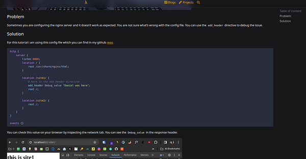 The image displays a technical issue related to configuring an Nginx server, along with a solution involving a code snippet.