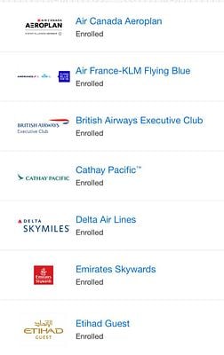 A list of airline loyalty programs with enrollment status.