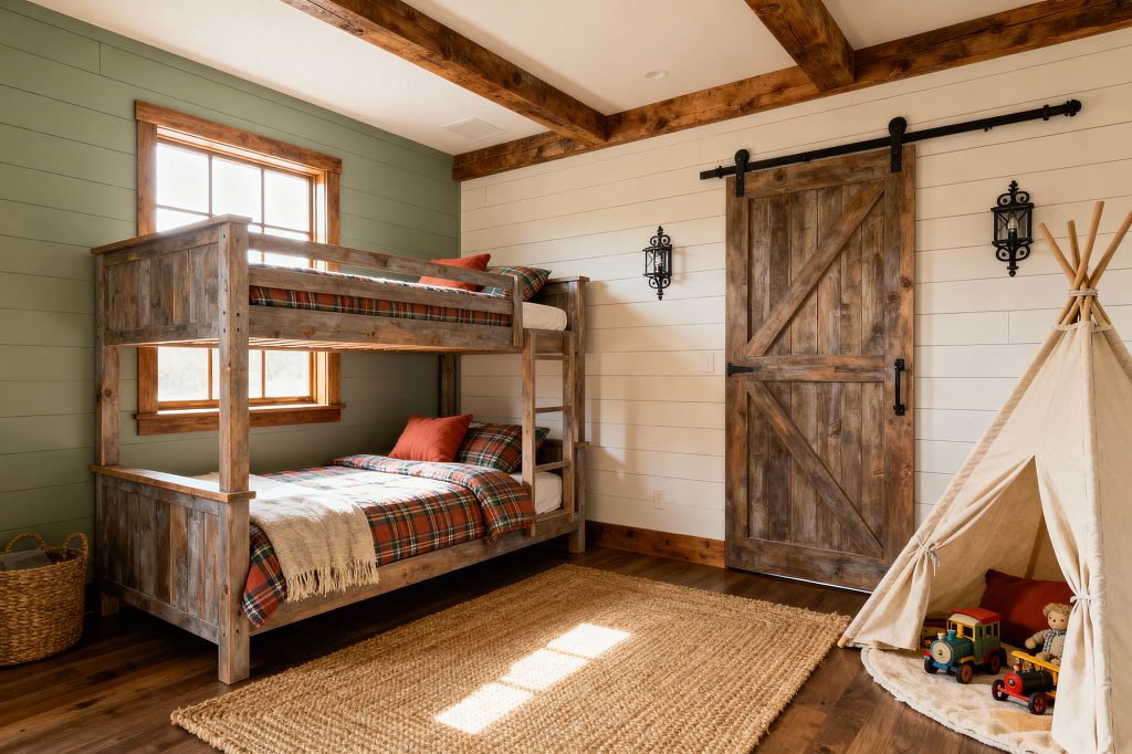 A rustic kids’ room features a weathered wood bunk bed beside a window on a sage-green shiplap wall, dressed in red and green plaid bedding with terracotta pillows. Opposite, a white shiplap wall holds a sliding barn door with black iron hardware and two wrought-iron sconces. Exposed wood ceiling beams, a chunky jute rug, hardwood floors, and a canvas teepee with wooden toys complete the cozy, cabin-like space.