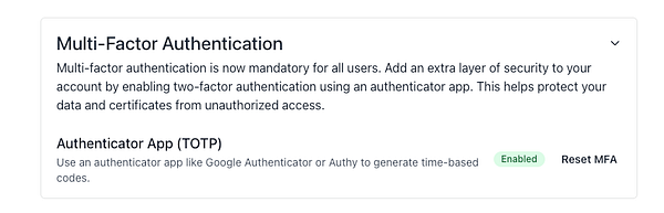 The image displays a user interface for enabling Multi-Factor Authentication (MFA) in a web application.