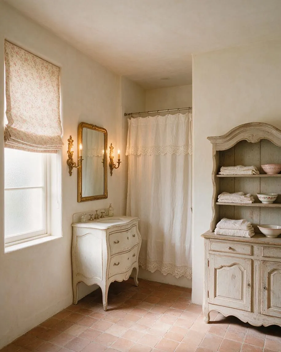 A French Country master bathroom with terracotta tile flooring, creamy plaster walls, and a window dressed in a floral Roman shade. A carved gold-framed mirror with twin wall sconces hangs above a petite vintage vanity, while a linen shower curtain with lace trim softens the shower alcove. An arched distressed cabinet with open shelving and folded towels completes the room.