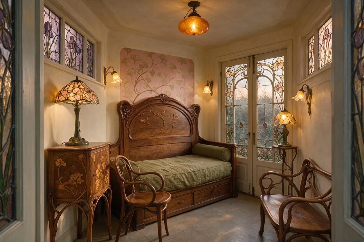 A compact backyard room styled in Art Nouveau design, featuring a carved wooden daybed with green upholstery, curving wood chairs, and a floral inlaid cabinet. The space is framed by decorative stained-glass windows and double doors with botanical motifs, lit by amber pendant and wall lamps that create a warm, romantic glow.