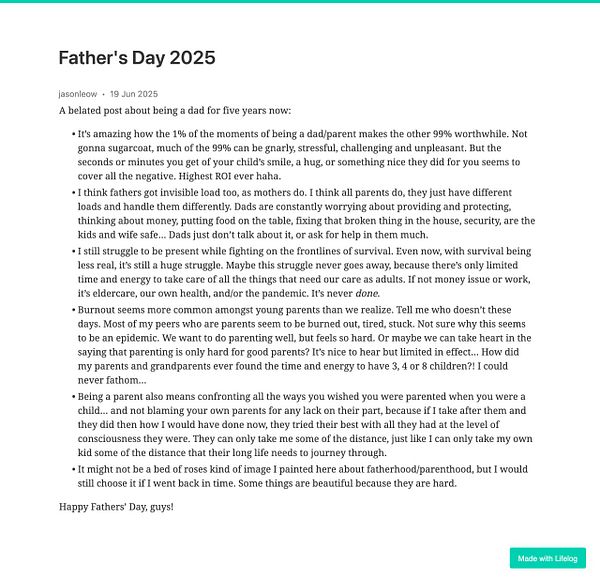 A reflective post about the challenges and rewards of fatherhood, shared on Father's Day 2025.