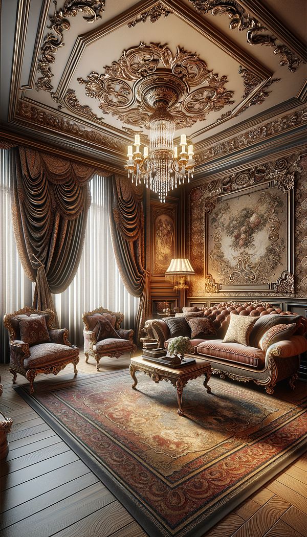 A plush, Victorian-style living room with richly patterned wallpaper, an ornate chandelier, heavy drapes, and elegant, detailed furniture.