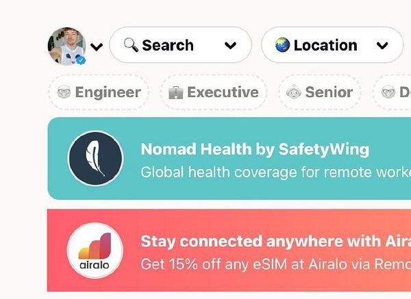 The image displays a user interface featuring options for job roles and advertisements for services related to remote work.