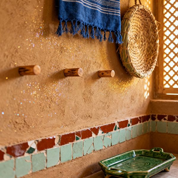 A close-up of a Moroccan-style mudroom corner shows textured earthen plaster walls with three simple wooden pegs, a striped indigo towel, and a round woven palm-leaf basket. A mosaic band of mint green and terracotta zellige tiles lines the ledge, while a mashrabiya wood lattice window casts patterned light onto the wall and a glossy deep-green ceramic tray on the counter.