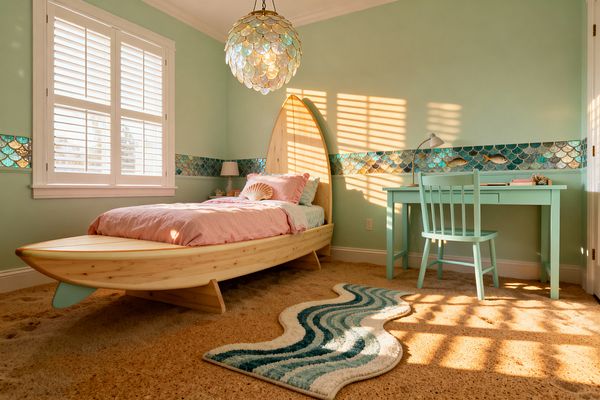 A coastal-themed kids’ bedroom features a light pine surfboard bed with blush bedding, seafoam green walls, and a teal-and-aqua fish-scale mosaic border. A capiz shell globe pendant hangs overhead. To the right, a mint-painted desk and chair sit beneath warm window light from white plantation shutters, while a wavy blue rug rides across sand-colored carpet and small beachy decor rests on a bedside shelf.