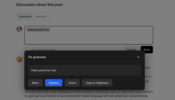 A user interface displaying a grammar correction tool in a discussion post.
